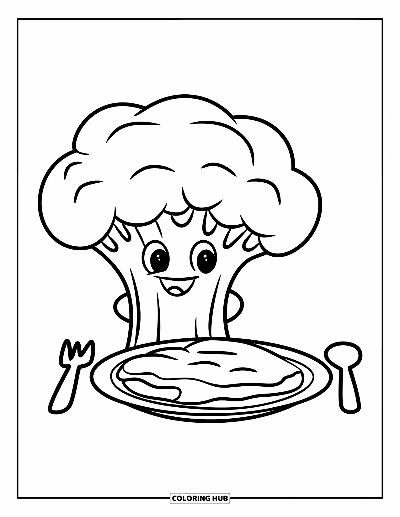 Broccoli Coloring Page for Kids: A broccoli in a chef's hat stands next to a plate filled with tasty food