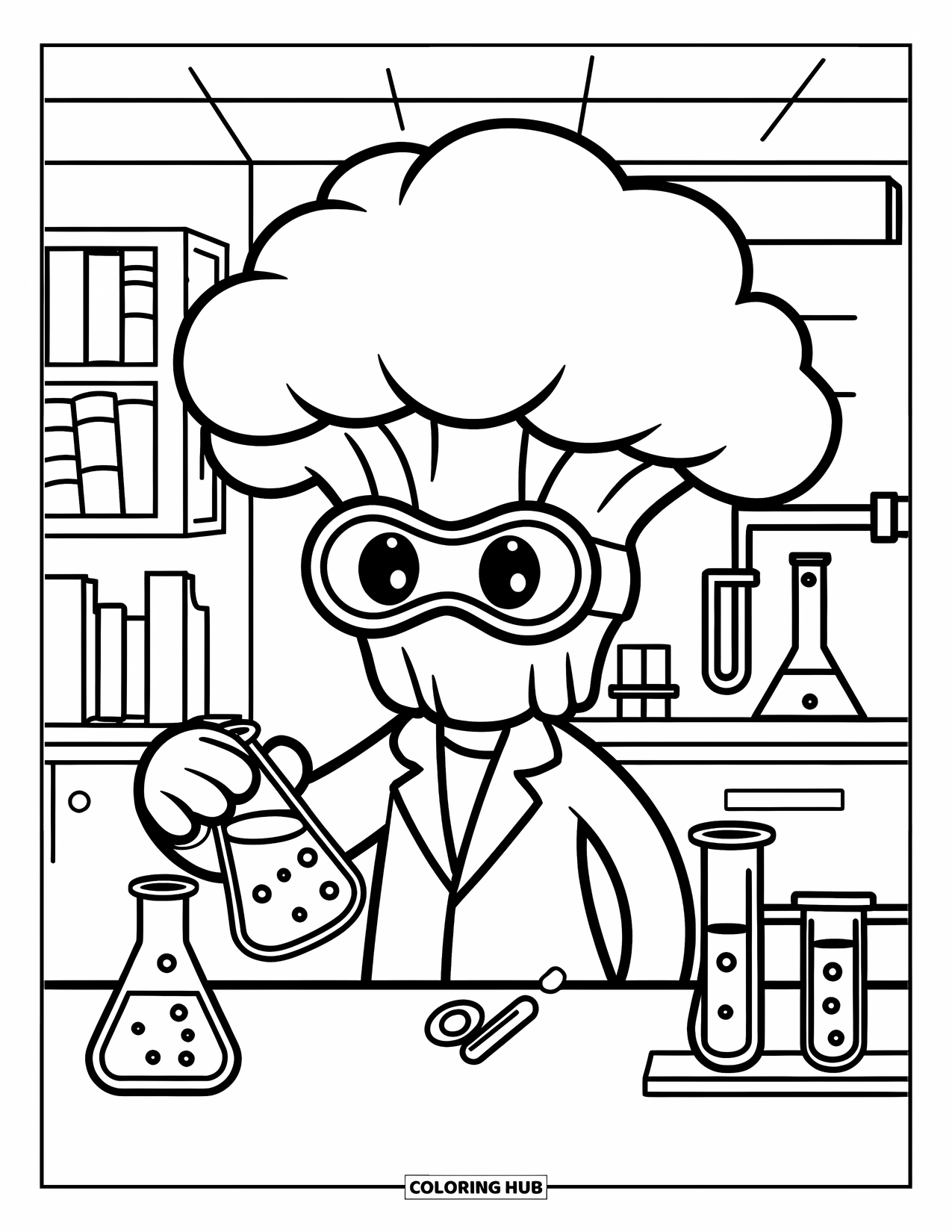 Broccoli Coloring Page for Kids: A broccoli in a lab coat pours a mysterious green potion in a busy science lab