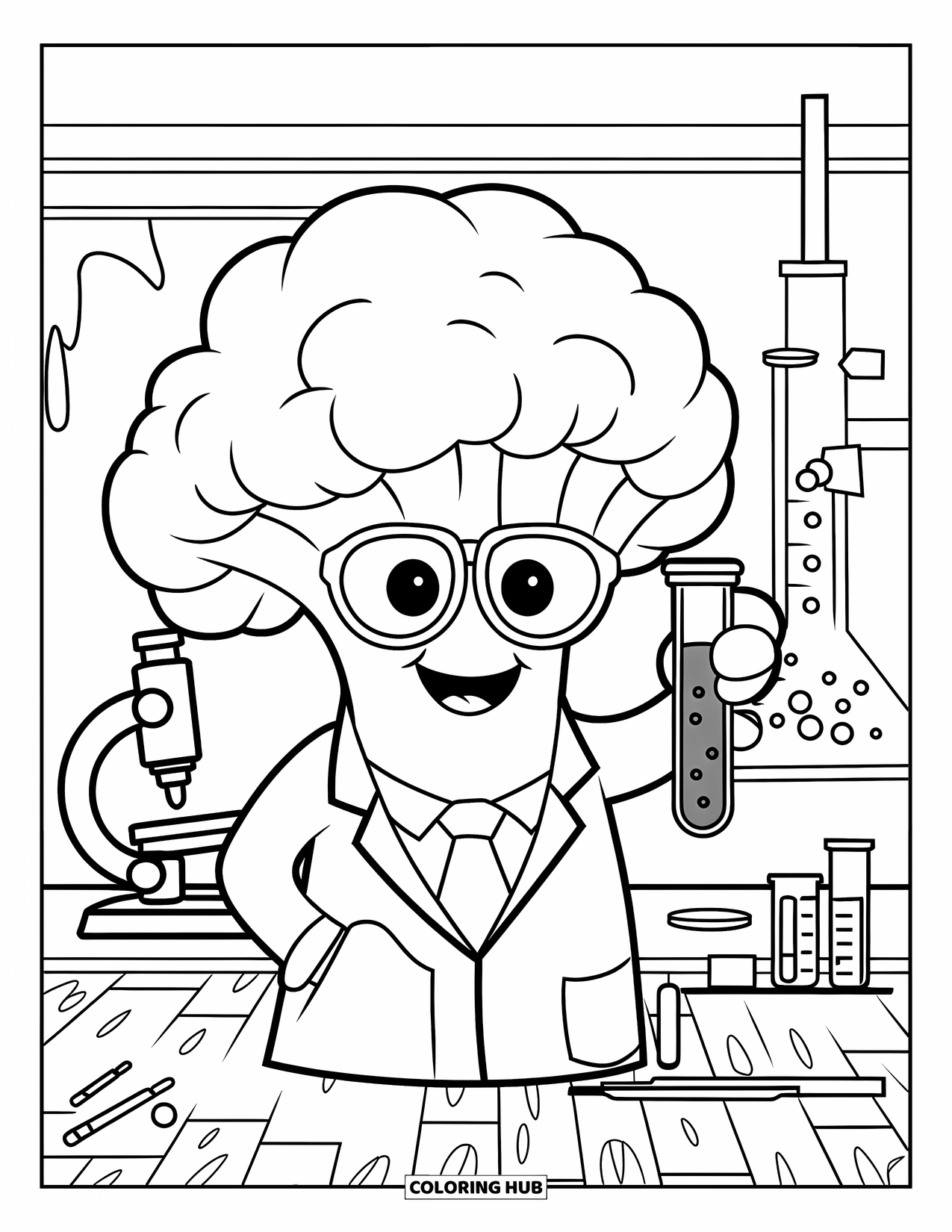Broccoli Coloring Page for Kids: A broccoli scientist examines a test tube in a lab filled with equipment and books