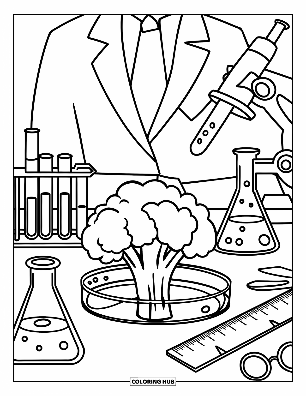 Broccoli Coloring Page for Kids: A broccoli scientist works with bubbling potions and a microscope in a detailed laboratory