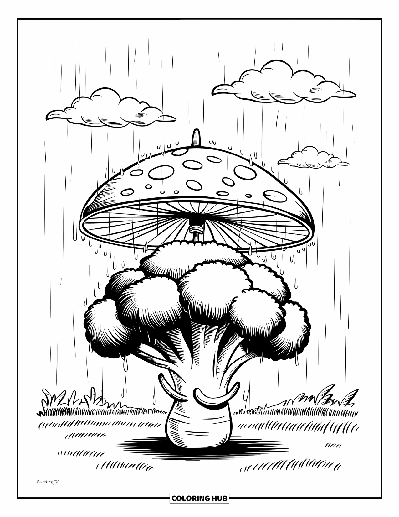 Broccoli Coloring Page for Kids: A broccoli shelters under a large mushroom umbrella while raindrops splash around