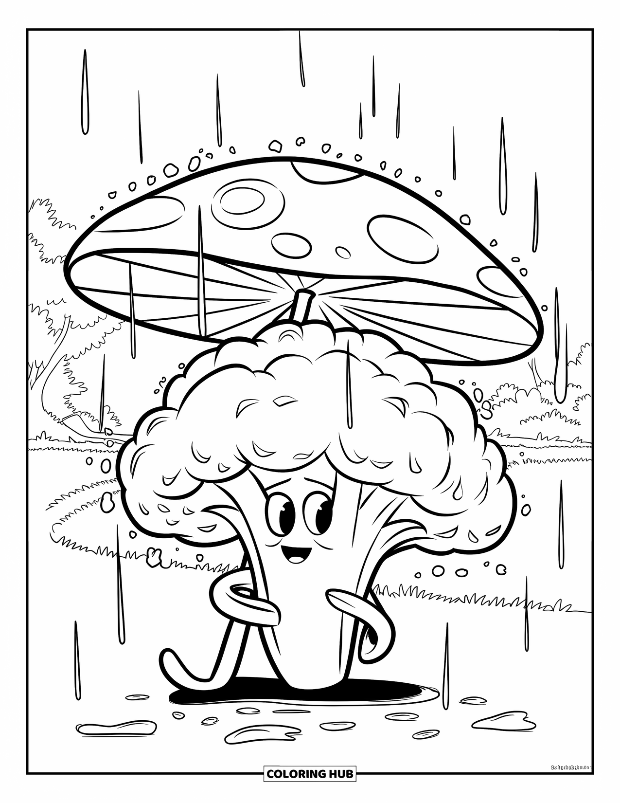 Broccoli Coloring Page for Kids: A broccoli stands under a giant mushroom umbrella while rain falls around