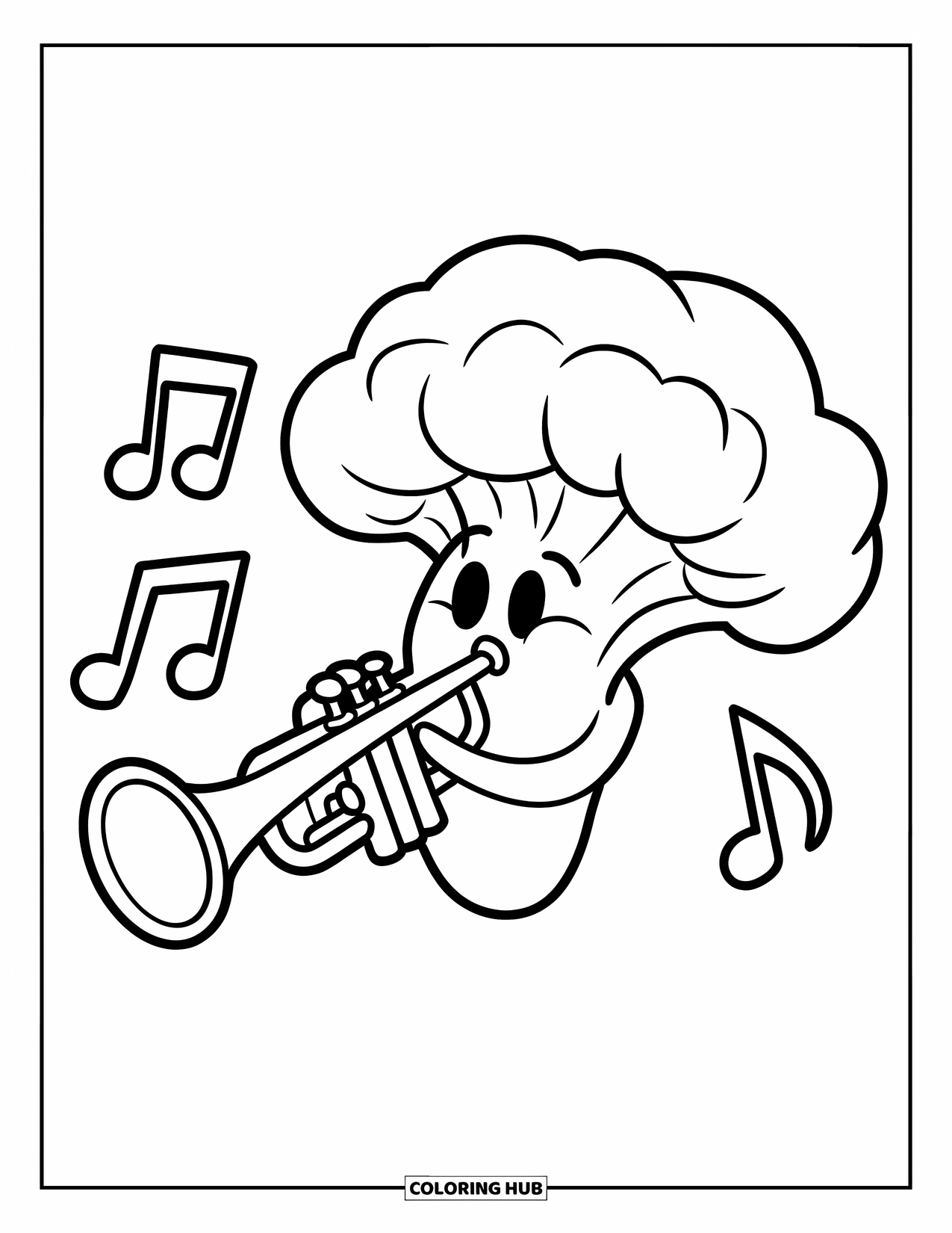 Broccoli Coloring Page for Kids: A broccoli trumpeter fills the air with music while surrounded by swirling notes