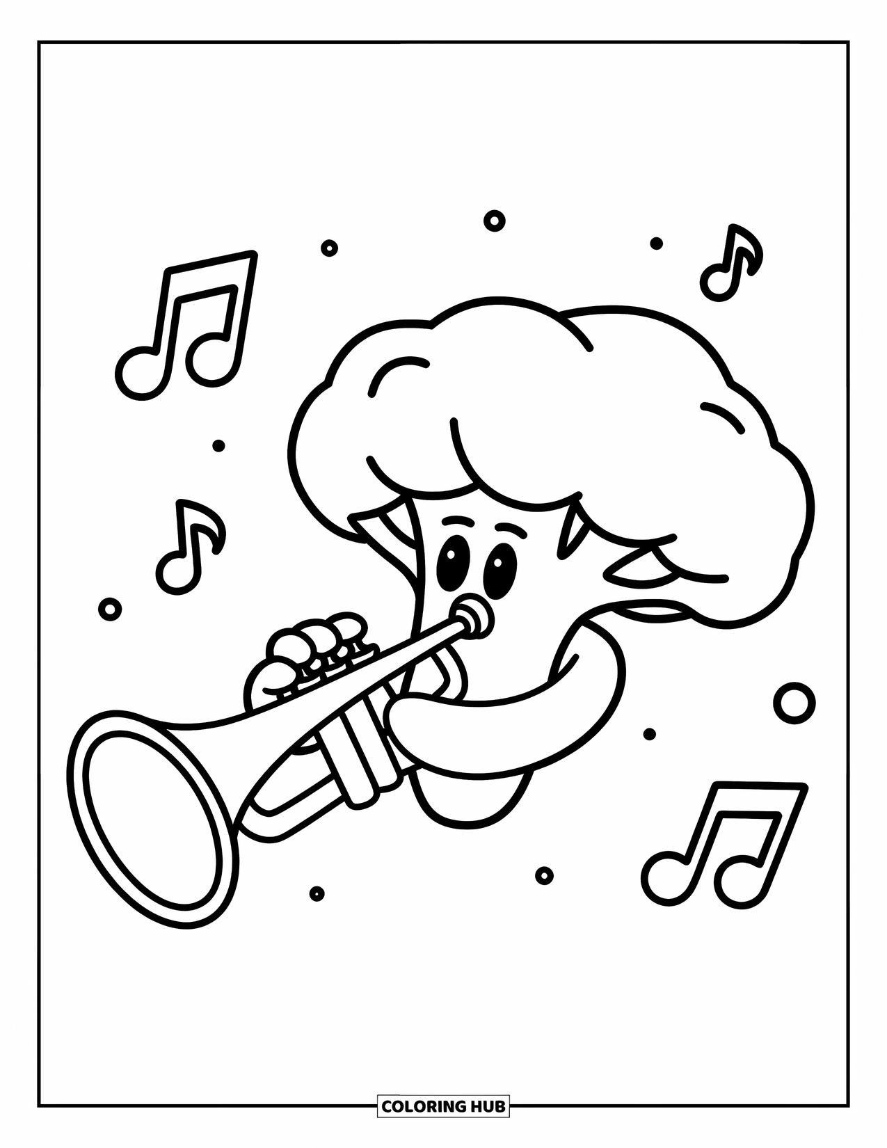 Broccoli Coloring Page for Kids: A broccoli trumpeter plays joyfully with musical notes floating around