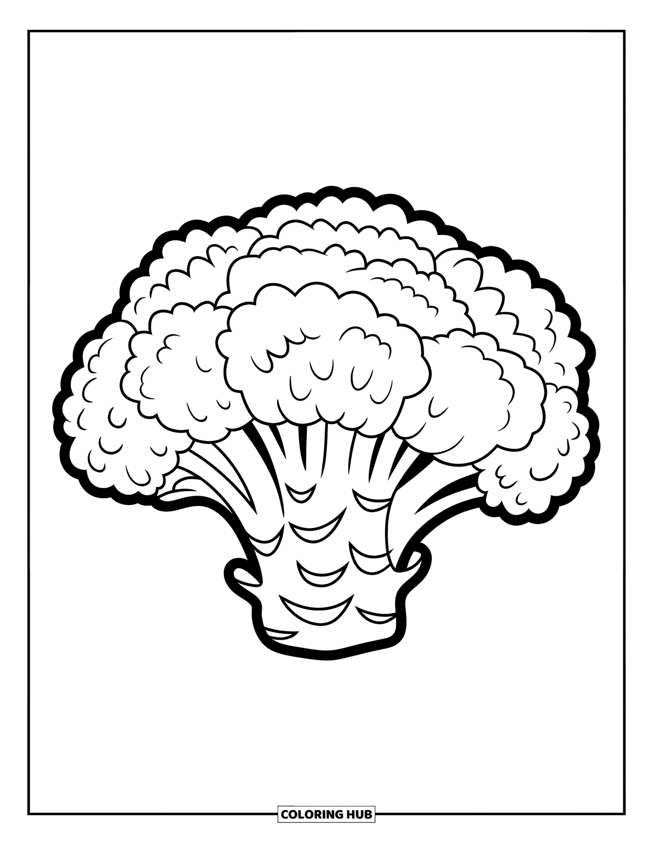 Broccoli Coloring Page for Kids: A broccoli with a strong stem and round floret sits against a clean background