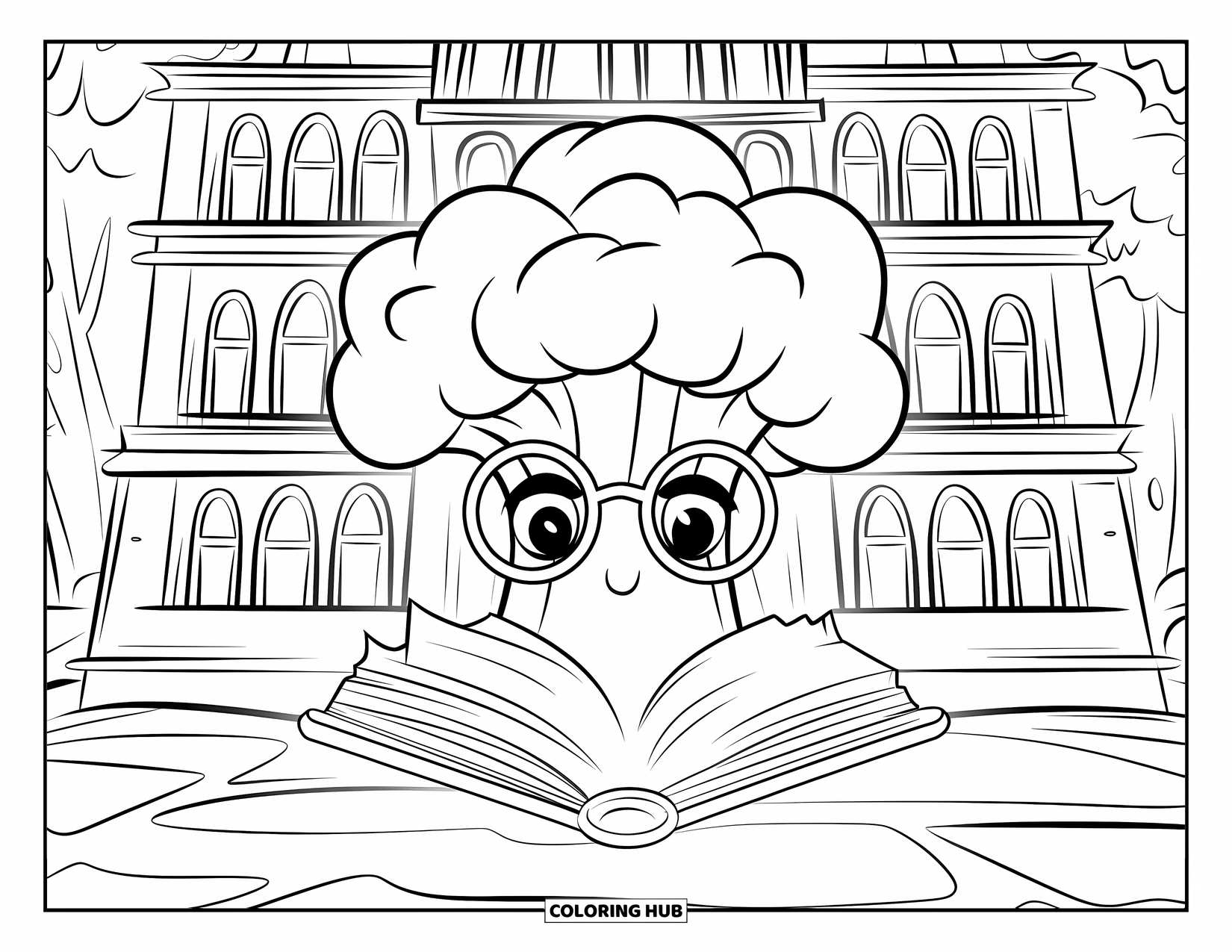 Broccoli Coloring Page for Kids: A broccoli with glasses clutches a glowing book in front of an arched-windowed library