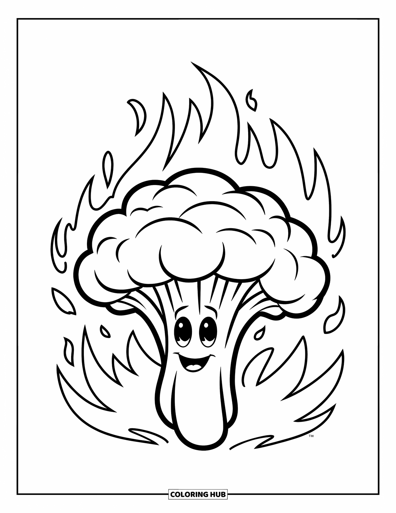 Broccoli Coloring Page for Kids: A cheerful broccoli floret surrounded by playful flames smiles at the viewer