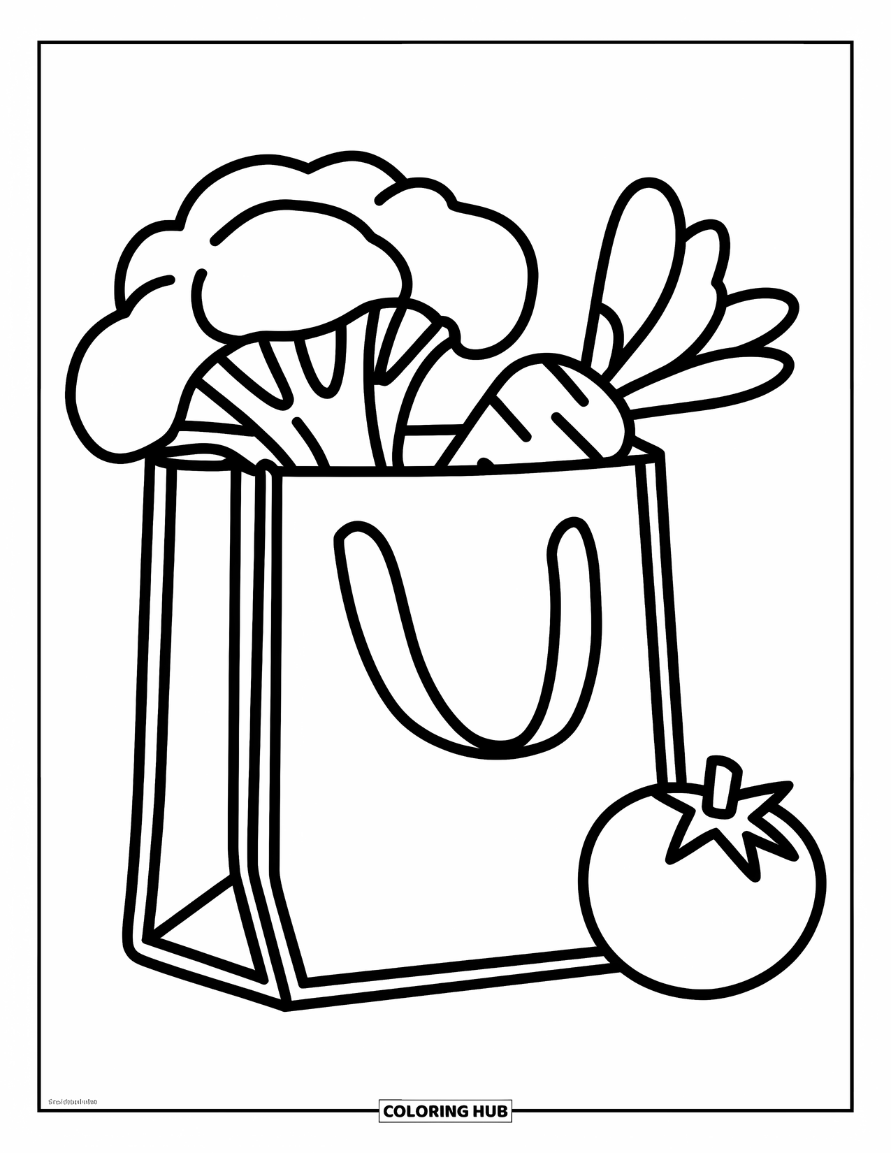 Broccoli Coloring Page for Kids: A grocery bag filled with fresh vegetables, including broccoli and carrots, rests nearby