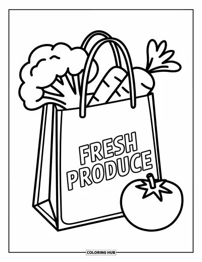 Brokkoli kifestő gyerekeknek: Egy "Fresh Produce" feliratú bevásárlószatyorban brokkoli, sárgarépa és paradicsom lapul