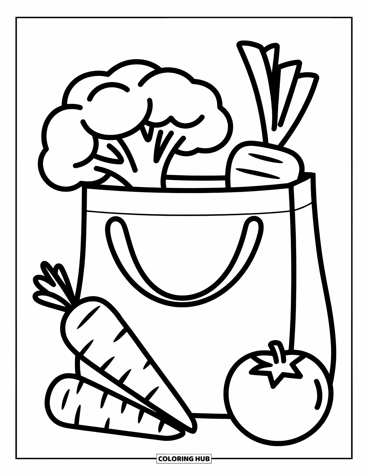 Broccoli Coloring Page for Kids: A grocery bag overflows with fresh broccoli, a carrot, and a tomato