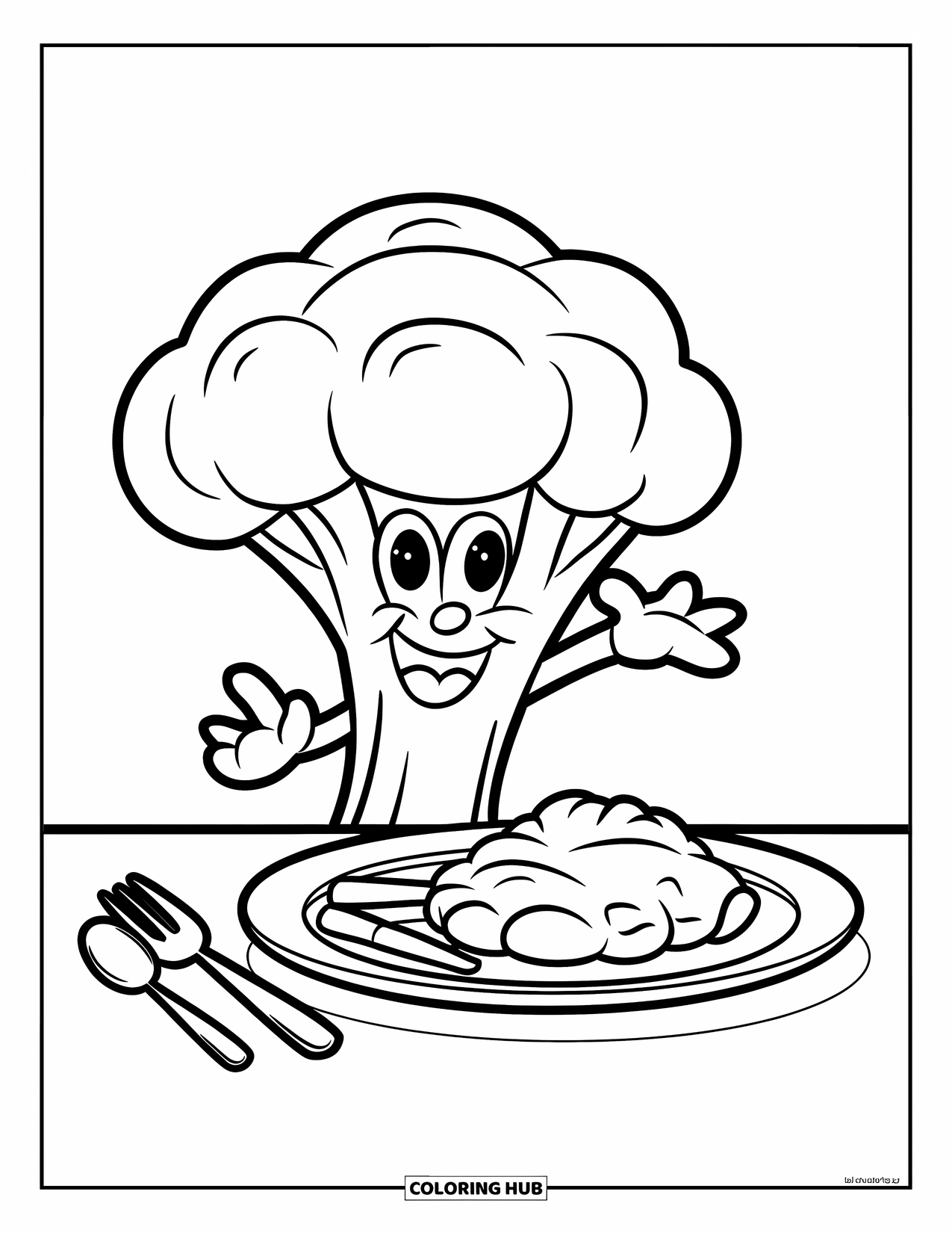 Broccoli Coloring Page for Kids: A happy broccoli stands beside a plate of food with a fork and spoon