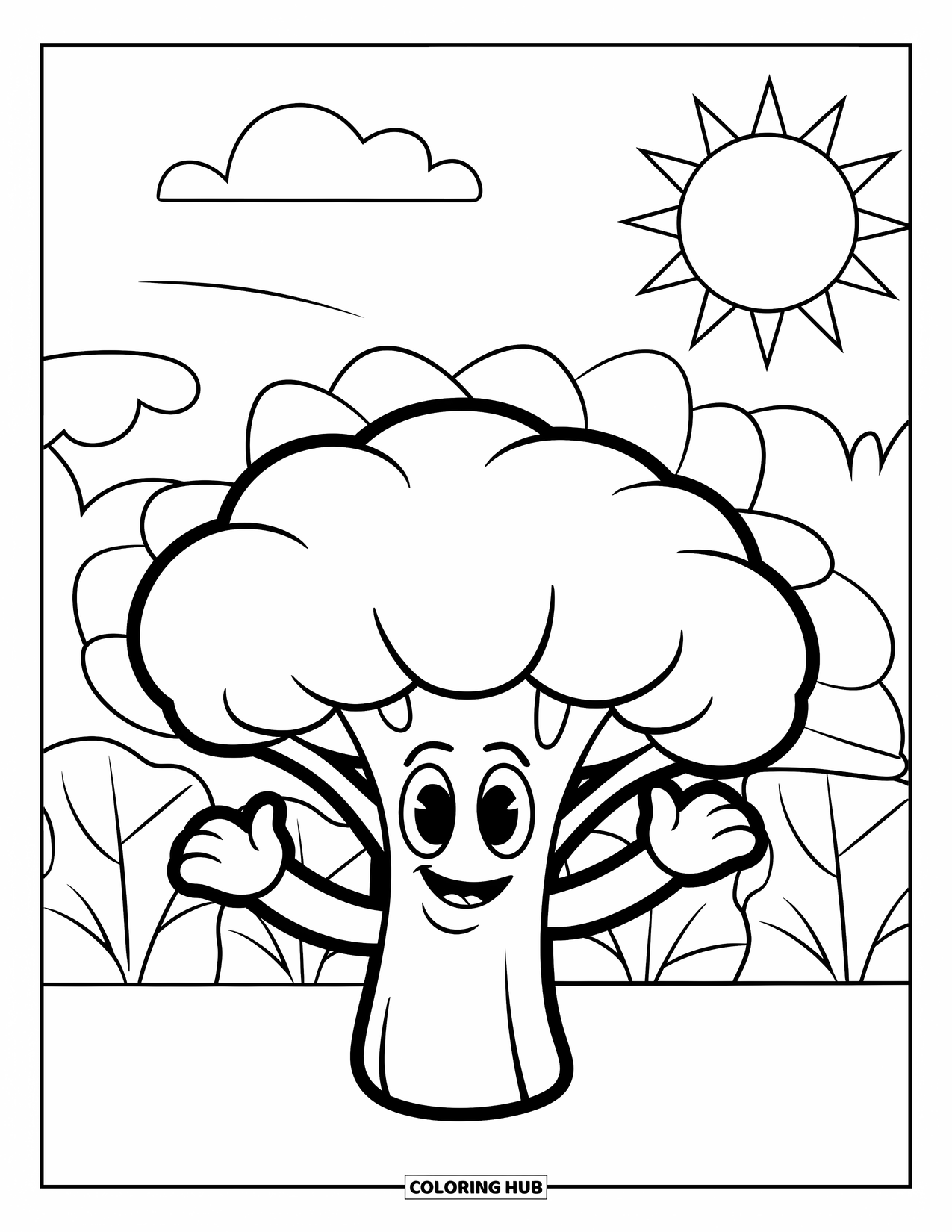 Broccoli Coloring Page for Kids: A happy broccoli waves cheerfully in a sunny garden with large clouds above