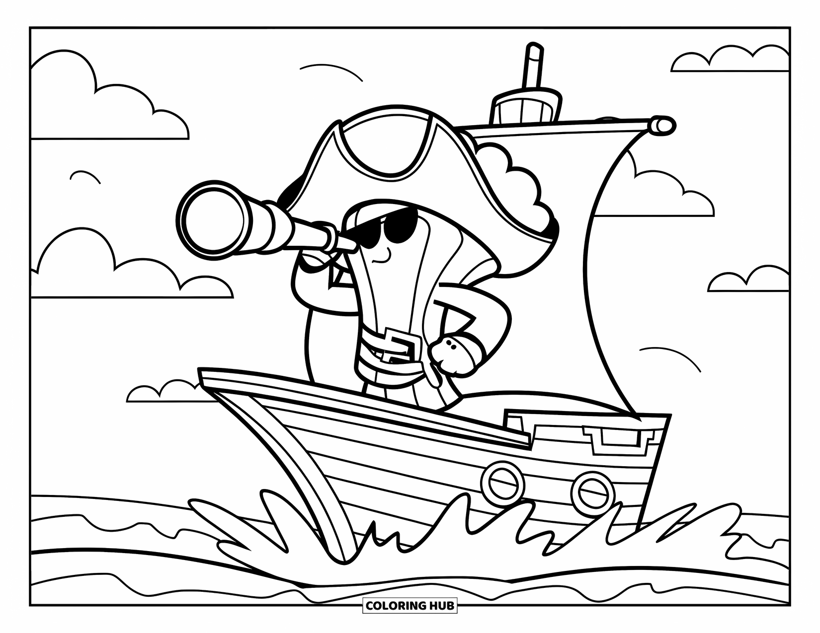 Broccoli Coloring Page for Kids: A pirate broccoli, sword in hand, scans the stormy seas from his ship's deck