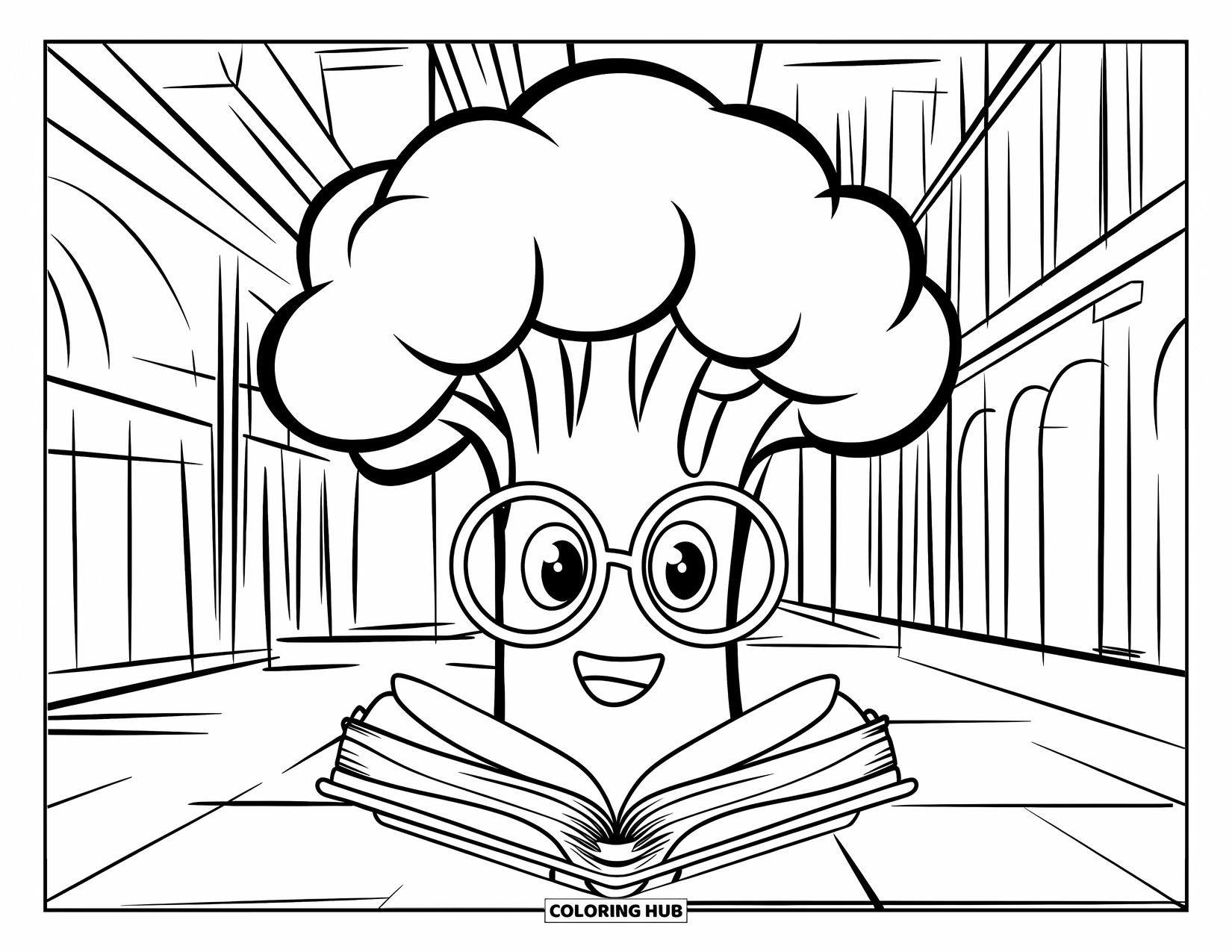 Broccoli Coloring Page for Kids: A scholarly broccoli with glasses stands before a grand library, holding a glowing ancient book