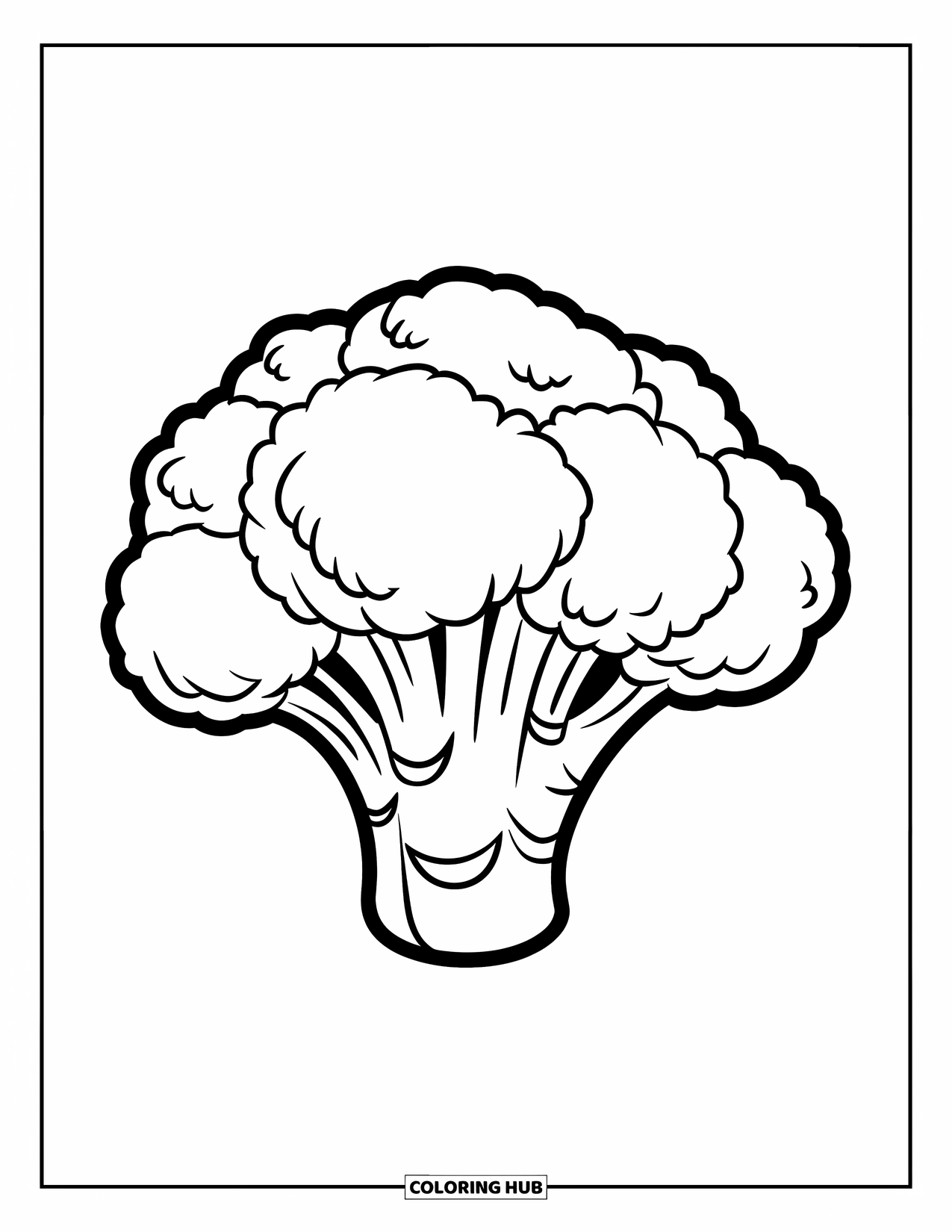 Broccoli Coloring Page for Kids: A single broccoli stands tall with a sturdy stem and leafy top