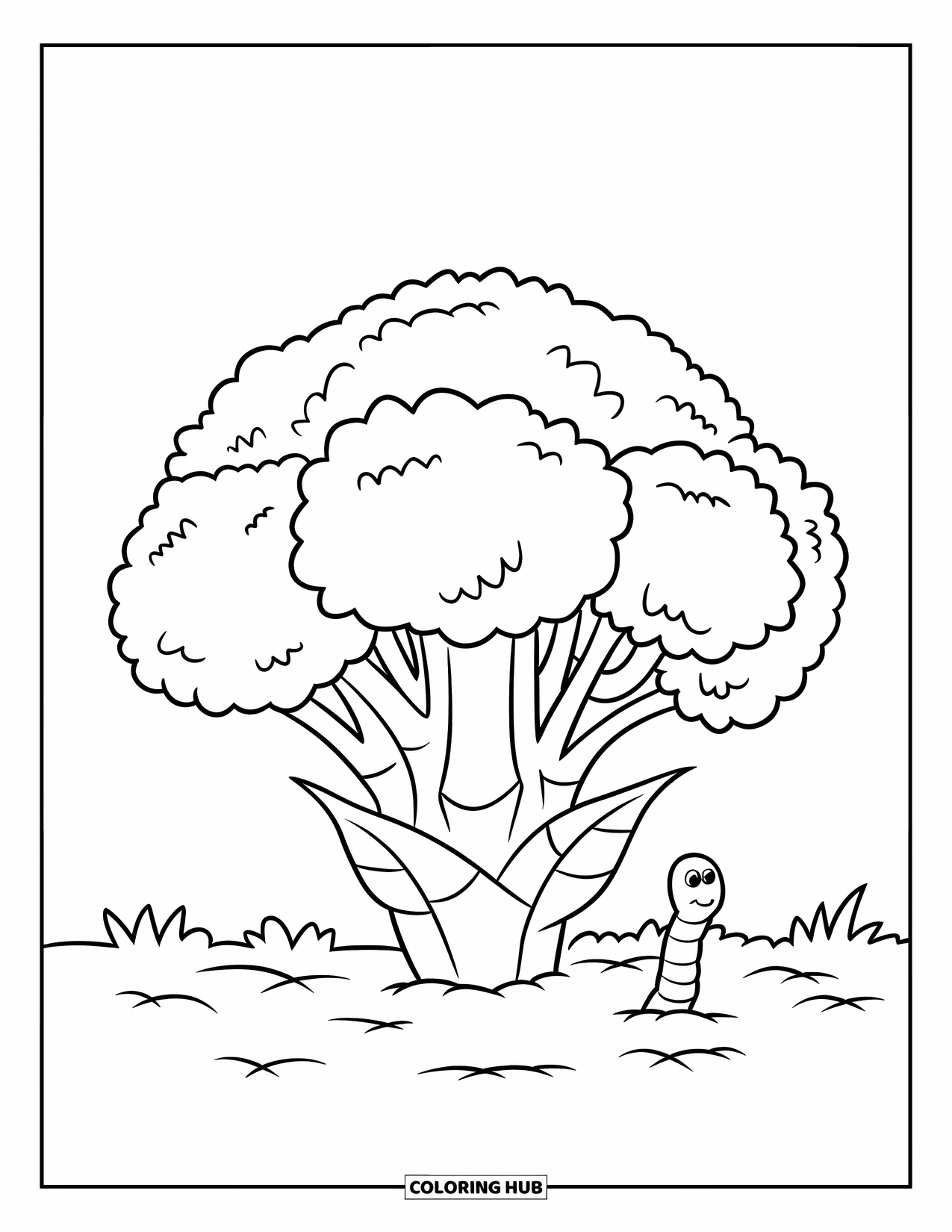 Broccoli Coloring Page for Kids: A small worm curiously watches a broccoli grow tall in a peaceful garden