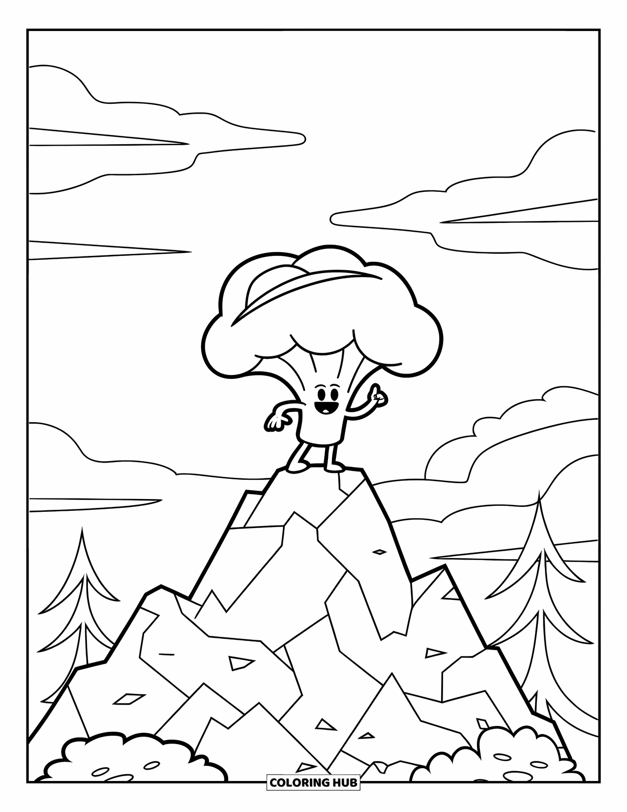 Broccoli Coloring Page for Kids: A smiling broccoli in a hat stands confidently on a rocky mountain peak