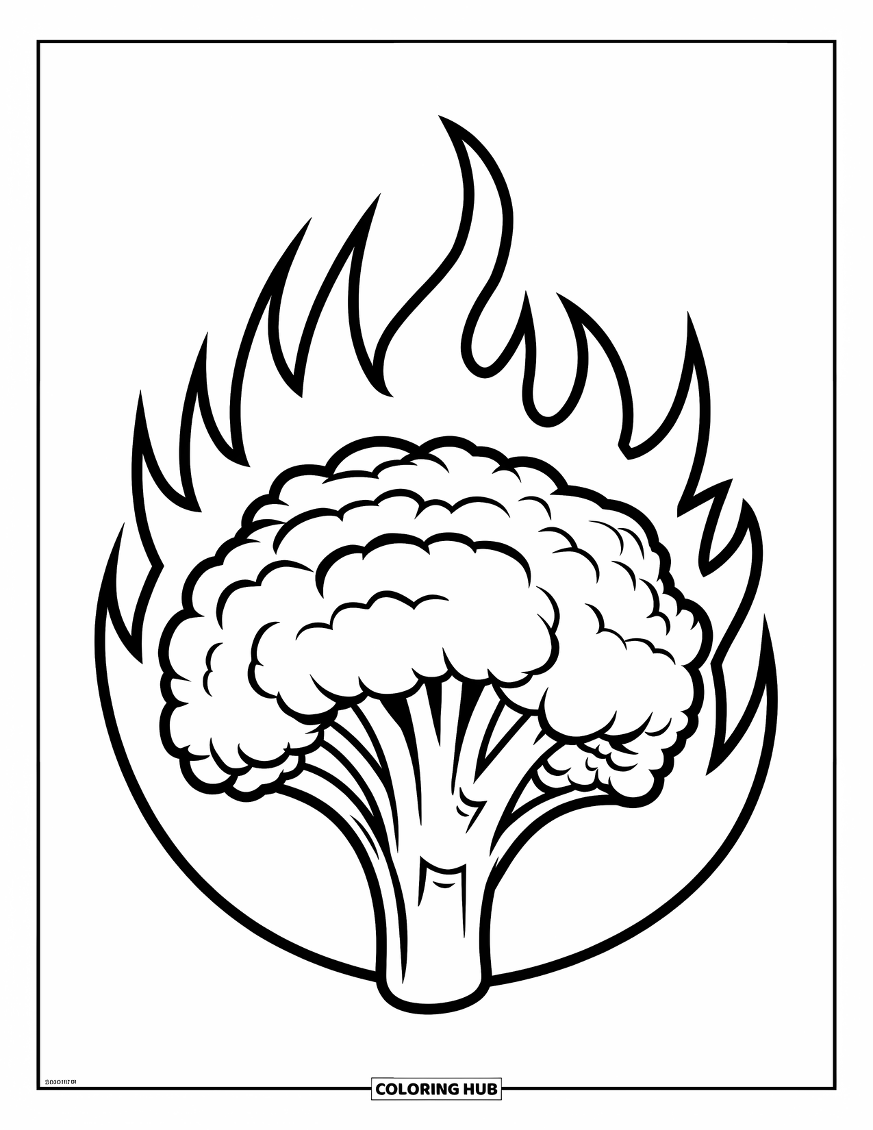 Broccoli Coloring Page for Kids: A stylized broccoli floret burns with intense flames in a bold comic-style design
