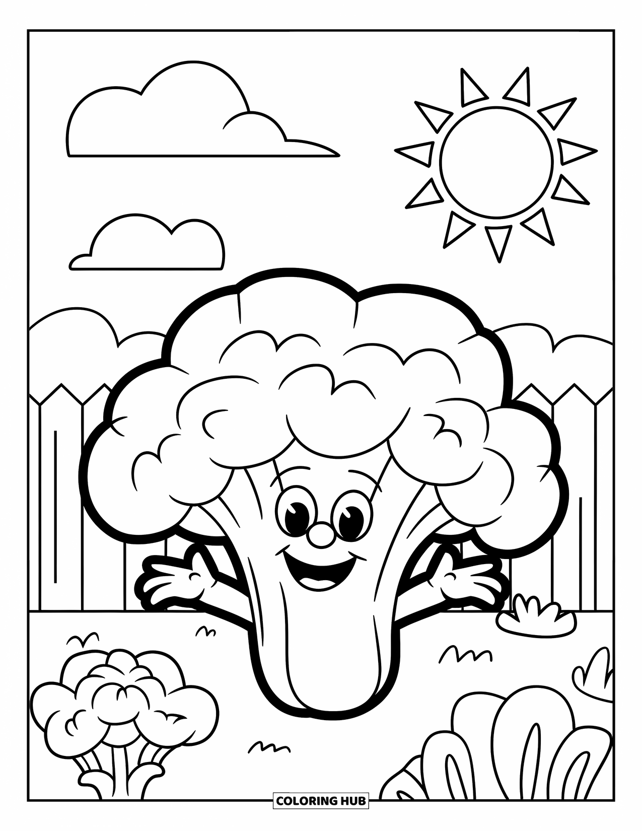 Broccoli Coloring Page for Kids: A waving broccoli stands in a garden with the sun shining brightly above
