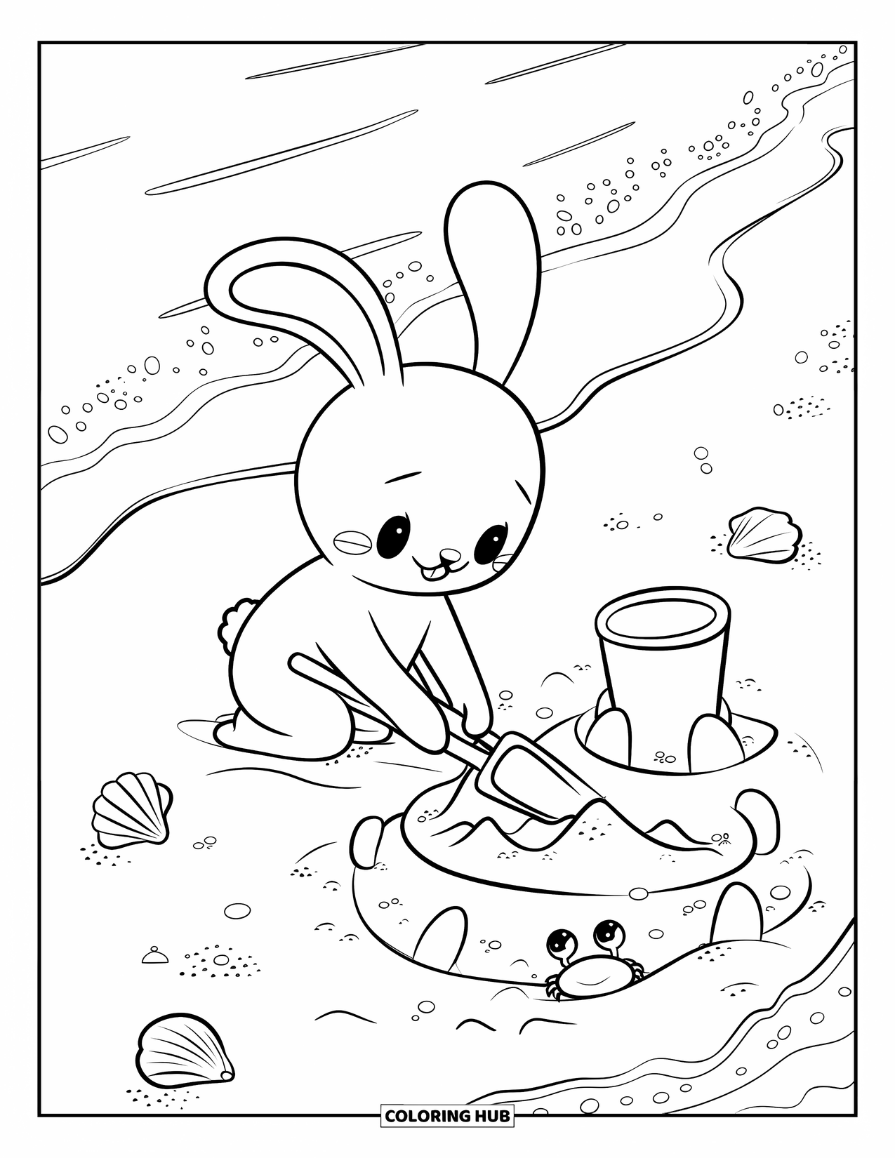 Bunny Coloring Page for Adults: A bunny builds a sandcastle as gentle waves roll onto the shore in the background