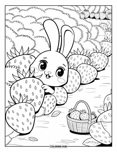 Haeschen-Ausmalbild für Erwachsene: Ein Hase schaut neugierig hinter einem Erdbeerstrauch hervor, mit einem Korb voller Früchte