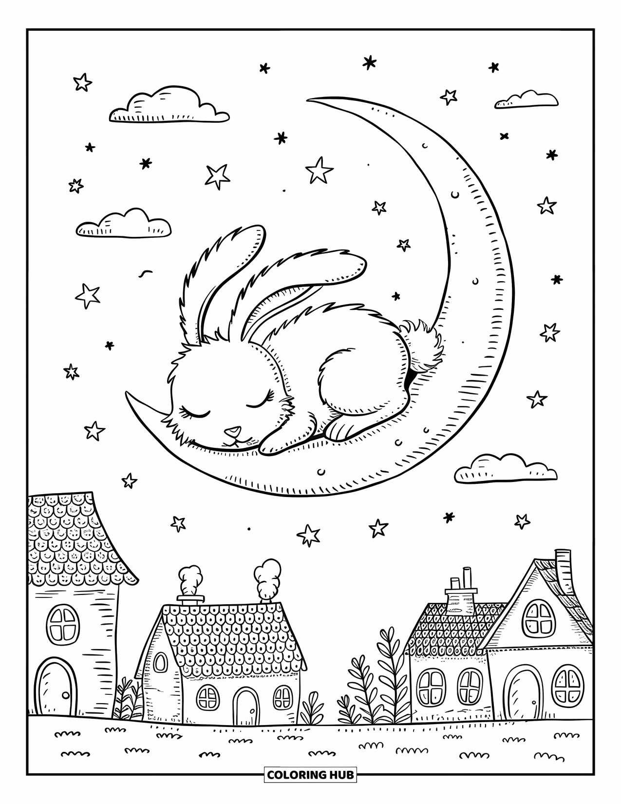 Bunny Coloring Page for Adults: A bunny curls up and sleeps peacefully on a crescent moon above a quiet village