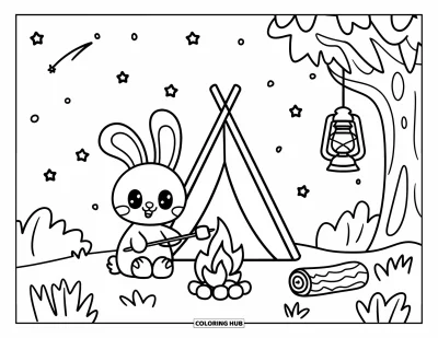 Haeschen-Ausmalbild für Erwachsene: Ein Hase genießt ein stimmungsvolles Lagerfeuer und röstet neben einem kleinen Zelt einen Marshmallow