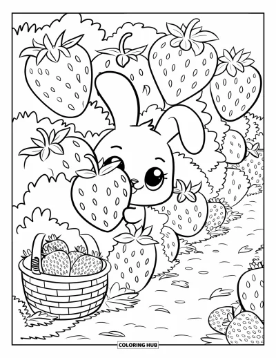Haeschen-Ausmalbild für Erwachsene: Ein Hase versteckt sich hinter einem Erdbeerstrauch, während ein kleiner Obstkorb daneben steht