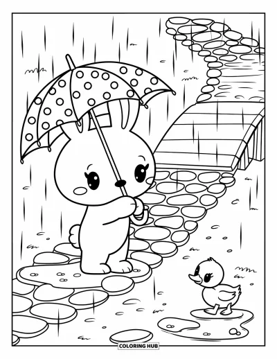 Haeschen-Ausmalbild für Erwachsene: Ein Hase hält einen gepunkteten Regenschirm und steht auf einem nassen Kopfsteinpflasterweg