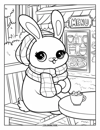 Haeschen-Ausmalbild für Erwachsene: Ein Hase mit Mütze und Schal sitzt auf einer Cafébank und genießt ein warmes Getränk