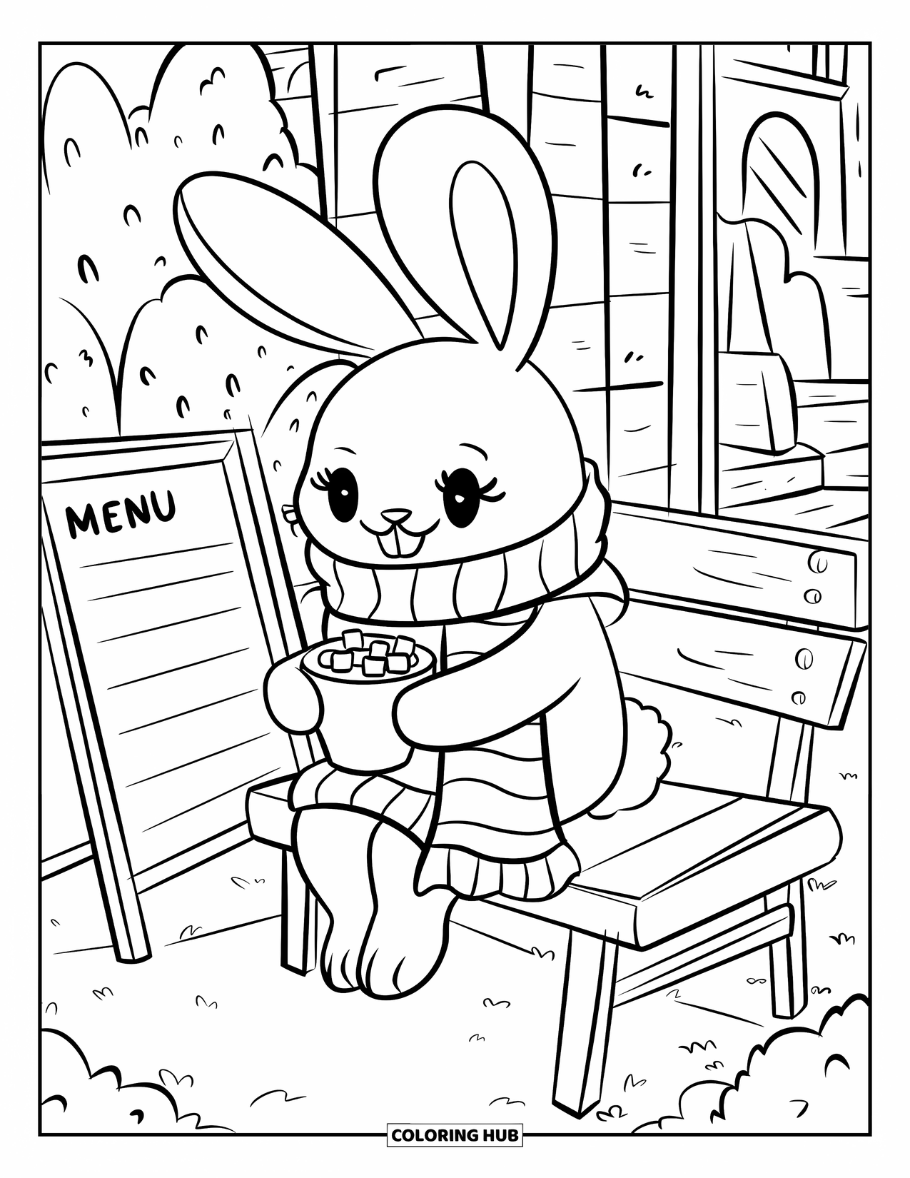 Bunny Coloring Page for Adults: A bunny in a scarf sits on a café bench, sipping hot cocoa with marshmallows