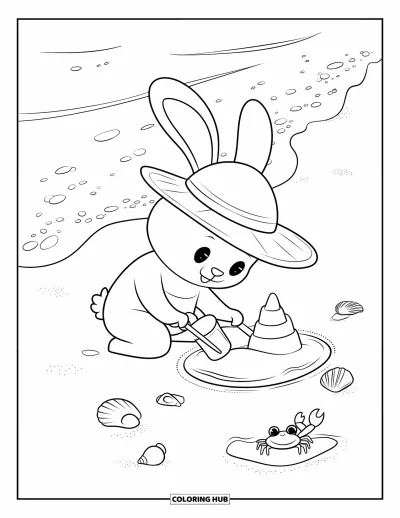 Haeschen-Ausmalbild für Erwachsene: Ein Hase mit Strohhut baut eine kleine Sandburg an einem sonnigen Strand