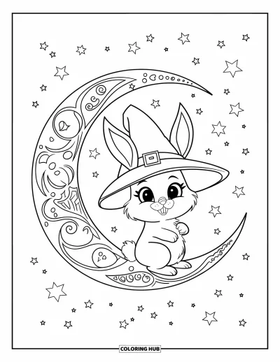 Haeschen-Ausmalbild für Erwachsene: Ein Hase mit Zauberhut sitzt auf einer verzierten Mondsichel in einem sternklaren Himmel