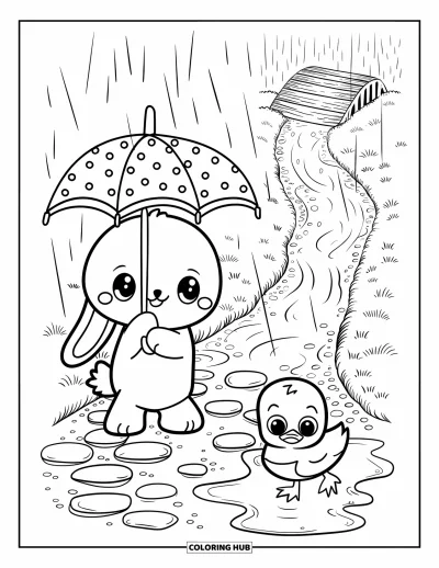 Haeschen-Ausmalbild für Erwachsene: Ein Hase im Regen hält einen Regenschirm neben einem kleinen Entenküken an einer Pfütze