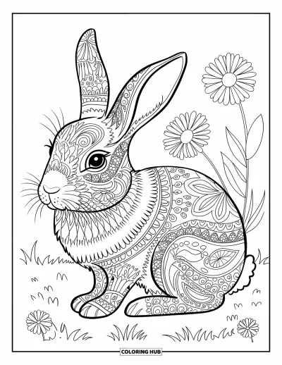 Haeschen-Ausmalbild für Erwachsene: Ein Hase ist mit filigranen Paisley- und Blumenmustern bedeckt und sitzt auf einem grasigen Feld