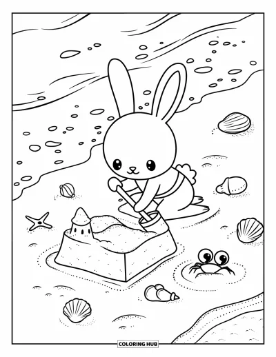 Haeschen-Ausmalbild für Erwachsene: Ein Hase kniet im Sand und formt sorgfältig mit Eimer und Schaufel eine kleine Sandburg