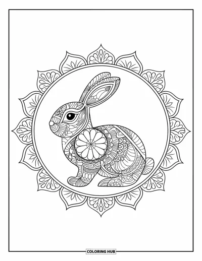 Haeschen-Ausmalbild für Erwachsene: Ein Hasen-Mandala zeigt eine aufwendige Mischung aus floralen und geometrischen Formen