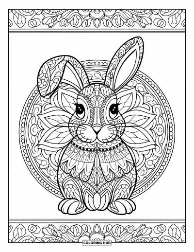 Haeschen-Ausmalbild für Erwachsene: Ein Hasen-Mandala mit floralen und geometrischen Mustern wird von einem dekorativen Rahmen eingefasst