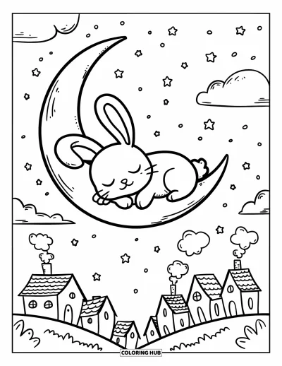 Haeschen-Ausmalbild für Erwachsene: Ein Hase schläft friedlich auf einer Mondsichel über kleinen Häusern mit Rauch aus den Schornsteinen