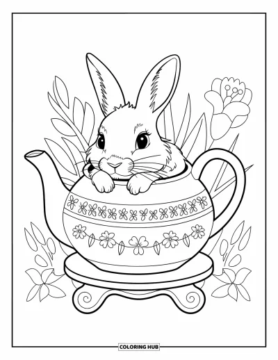 Haeschen-Ausmalbild für Erwachsene: Ein Hase schaut aus einer blumenverzierten Teekanne hervor, die auf einem Holzständer steht