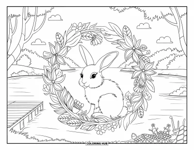 Haeschen-Ausmalbild für Erwachsene: Ein Hase ruht in einem Blumenkranz, mit einem ruhigen See und Bäumen im Hintergrund