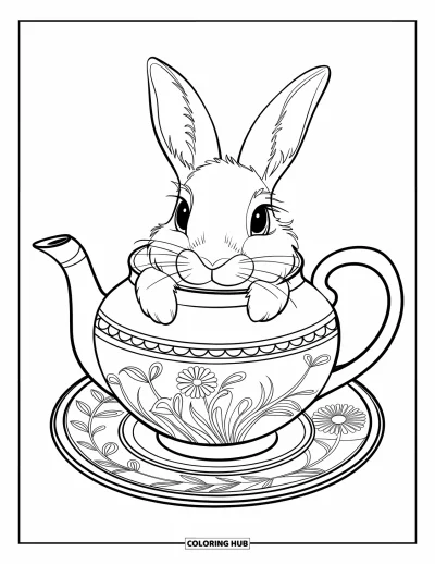 Haeschen-Ausmalbild für Erwachsene: Ein Hase ruht in einer verzierten Teekanne auf einer Untertasse mit Blumenmuster