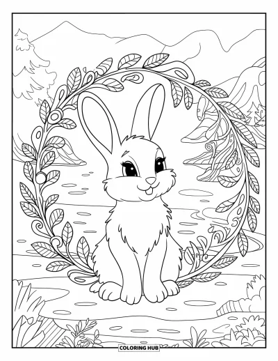Haeschen-Ausmalbild für Erwachsene: Ein Hase ruht in einem dekorativen Rankenkreis, umgeben von einer friedlichen Landschaft