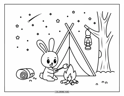 Haeschen-Ausmalbild für Erwachsene: Ein Hase röstet einen Marshmallow über einem Lagerfeuer neben einem kleinen Zelt unter den Sternen
