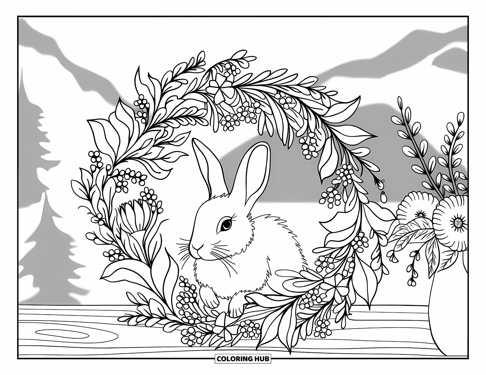 Bunny Coloring Page for Adults: A bunny sits in a wreath of flowers placed on a wooden table beside a vase