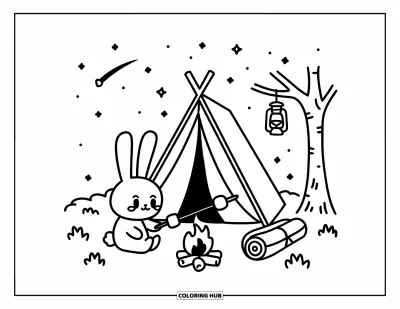 Haeschen-Ausmalbild für Erwachsene: Ein Hase sitzt vor einem Zelt und röstet einen Marshmallow unter einem sternklaren Himmel