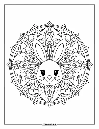 Haeschen-Ausmalbild für Erwachsene: Ein Hase sitzt in einem Blumen-Mandala mit klaren, kräftigen Linien zum Ausmalen