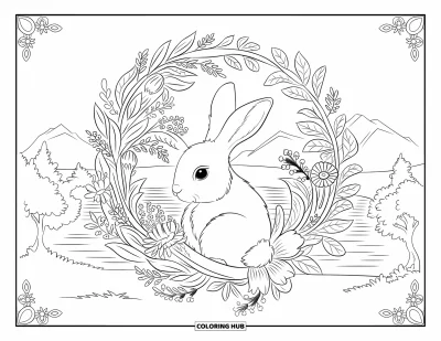 Haeschen-Ausmalbild für Erwachsene: Ein Hase sitzt auf einem Ast, eingebettet in einen Kranz aus blühenden Blumen und Blättern