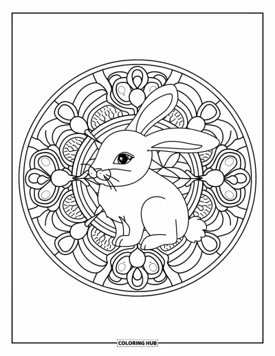 Haeschen-Ausmalbild für Erwachsene: Ein Hase sitzt in einem Mandala voller floraler und abstrakter Formen