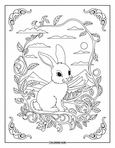 Haeschen-Ausmalbild für Erwachsene: Ein Hase sitzt in einem kunstvollen Kreis aus Ranken, mit Bergen und Wasser im Hintergrund